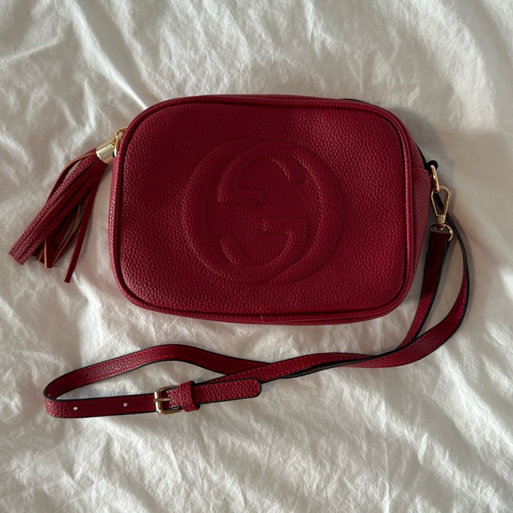 COPY gucci soho disco crossbody bag genuine pebbled leather red NEW